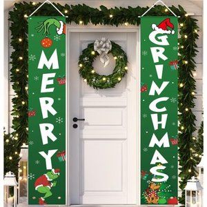 Christmas Decor Merry Grinchmas Banner |  72 x 12 Inches, Door Grinch Decor